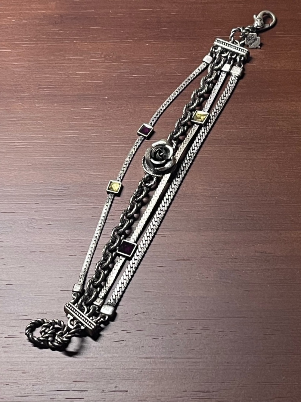 Lucky Brand Silver-Tone Rose Multi-Strand Bracelet with Yellow and Purple Stones - Picture 3 of 4